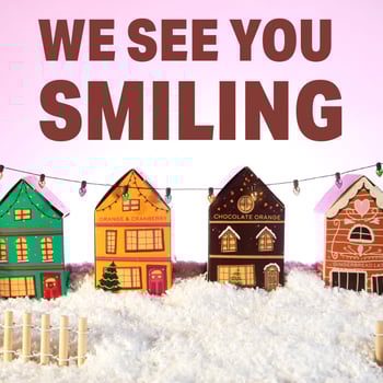 Christmas Cottages in snow with the text 'we see you smiling' overlayed