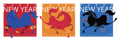 Text reads "Happy New Year, 2026 Cheers abundance and happiness" With 3 horses frolicking.