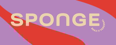 Sponge logo in cream with purple and red background