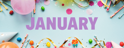 The word January overlayed a blue background with balloons, streamers and party hats.