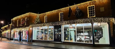 Bakers & Larners of Holt decorated in Christmas lights.