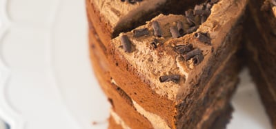a close-up of a vegan chocolate caramel fudge cake