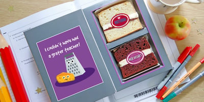 Cake Card with two slices- Thank you teacher message- pencils and pens and apple on the side
