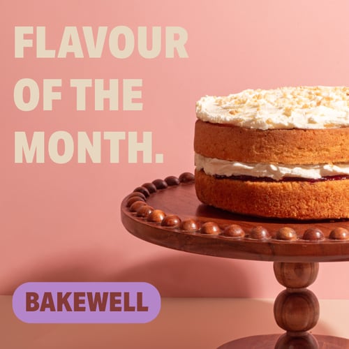 Bakewell Cake on pink background with the words 'flavour of the month: bakewell' overlaid