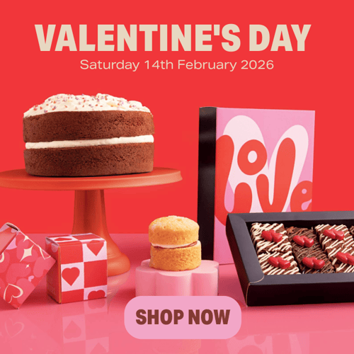 Valentines Day range including baby sponges, brownies, red velvet cake and letterbox cake cards