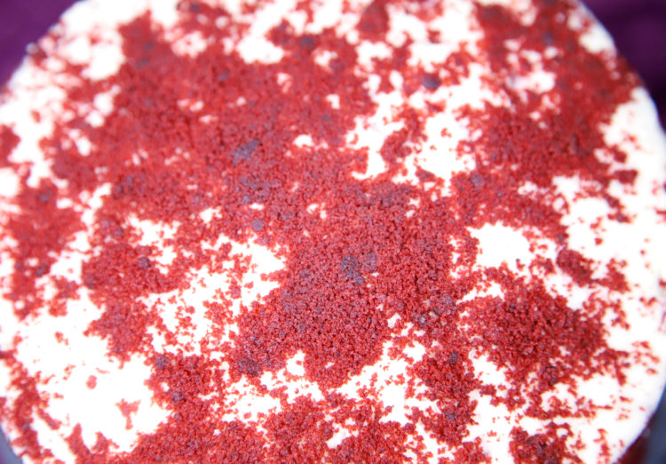 Red Velvet sponge cake topping close up