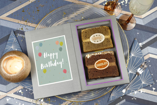 Birthday Cake Cards - Birthday Cards - A Cake Card with a Happy Birthday card front, a slice of coffee cake and a slice of chocolate cake - Cake Cards in the post