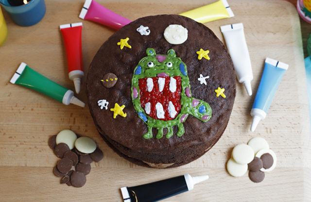 Personalised Birthday Cakes - Cake Decorating Kit - Chocolate cake with monster design, icing pens and chocolate buttons