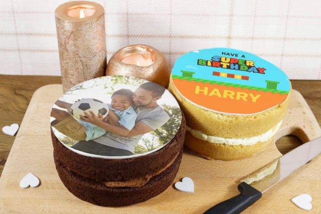 Birthday Photo Cakes - Chocolate cake with a photo topper of a father and son and a Victoria sponge cake with a Super Mario inspired cake topper saying have a super birthday Harry